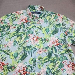 Ralph Lauren Button Down Short Sleeve Shirt Light Blue Tropical Floral Mens L